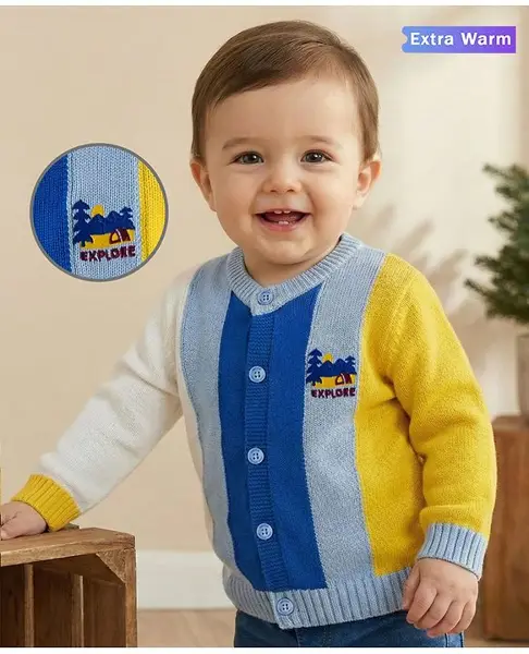 Babyoye 100% Cotton Knit Full Sleeves Striped Front Open Sweater With Embroidery Detailing - Multicolor