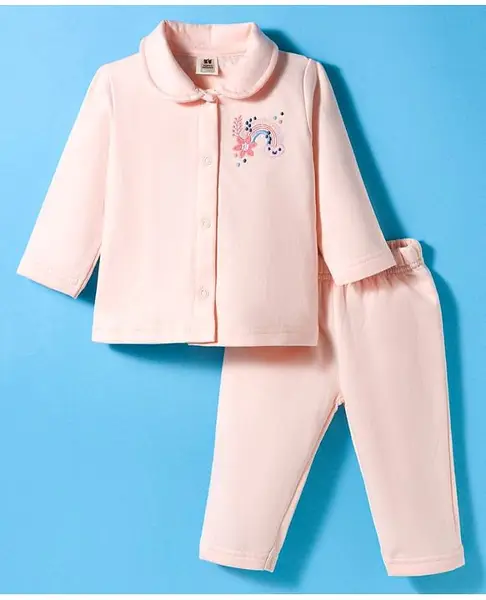 ToffyHouse Fleece Knit Full Sleeves Winter Wear Suit Set with Rainbow & Floral Embroidery - Light Pink