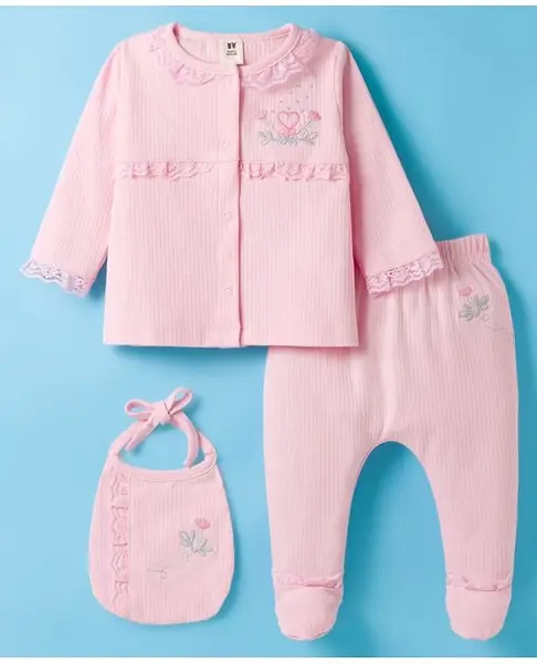 ToffyHouse Interlock Knit Full Sleeves Night Suit with Bib & Floral Embroidery - Pink