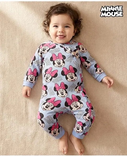 Babyhug Disney Interlock Knit Full Sleeves Front Open Romper with Minnie Mouse Graphics - Blue
