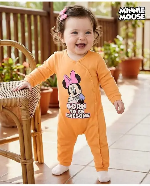 Babyhug Disney Interlock Knit Full Sleeves Front Open Romper with Minnie Mouse Graphics - Orange