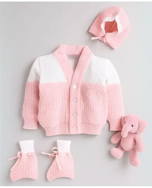 Little Angels Woollen Knit Full Sleeves Colour Blocked Sweater With Cap & Booties - Pink