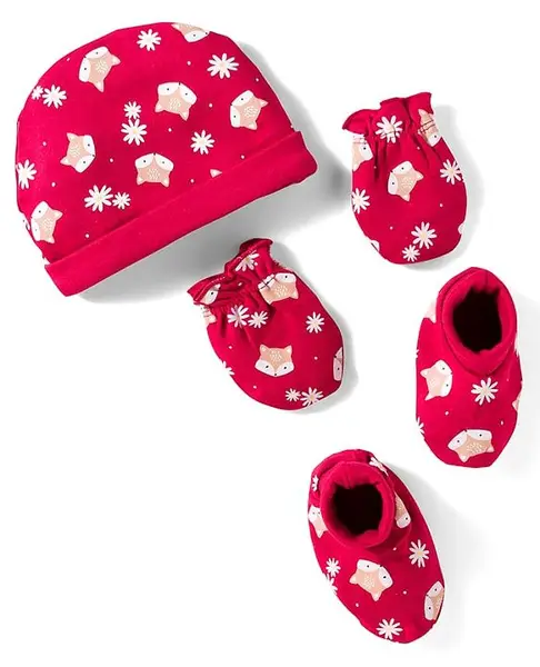 Babyhug 100% Cotton Knit Cap Mittens And Booties with Floral & Animal Print Red - 14.25 cm Diameter
