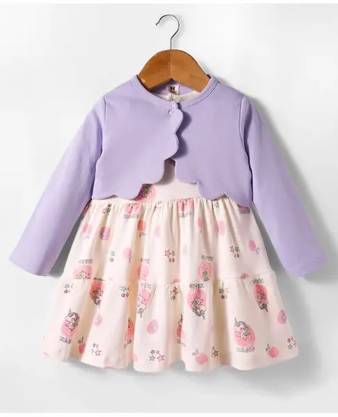 ToffyHouse Interlock Knit Frock & Full Sleeves Shrug With Unicorn Print - Mauve