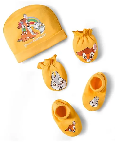 Babyhug Disney Interlock Knit Cap Mittens & Booties Set With Bambi & Friends Graphic Yellow - Diameter 10.5 cm