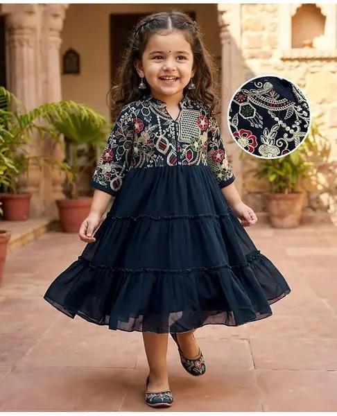 Babyhug Georgette Woven Three Fourth Sleeves Tired Ethnic Dress with Embroidery - Navy Blue