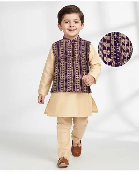 Babyhug Woven Full Sleeves Kurta Pajama & Nehru Jacket with Foil Embroidery - Beige & Purple