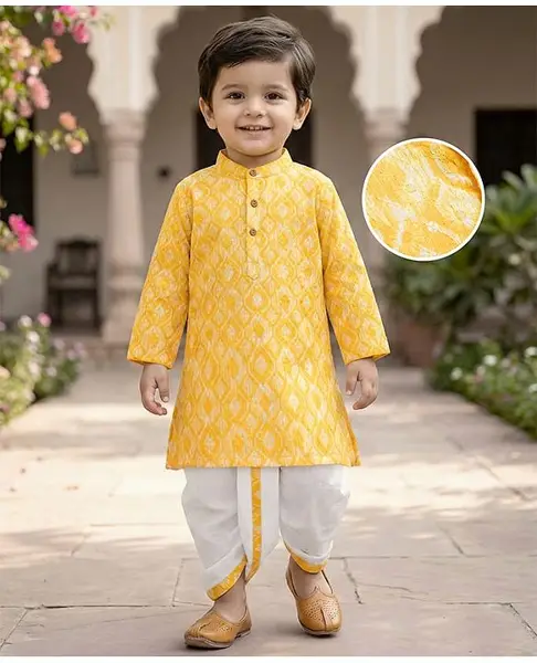 Babyhug Woven Full Sleeves Hakkoba Embroidered  Kurta Dhoti Set -Yellow