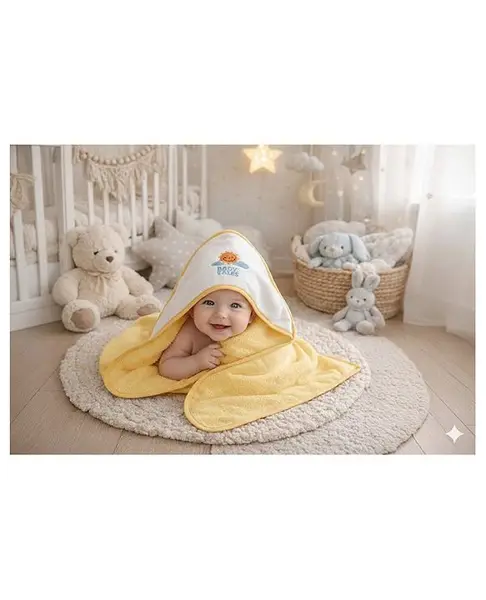Baby Tales Double Terry Knit Hooded Towel With Cute Sun & Cloud Embroidery L 76 x B 76 cm -Mustard Yellow