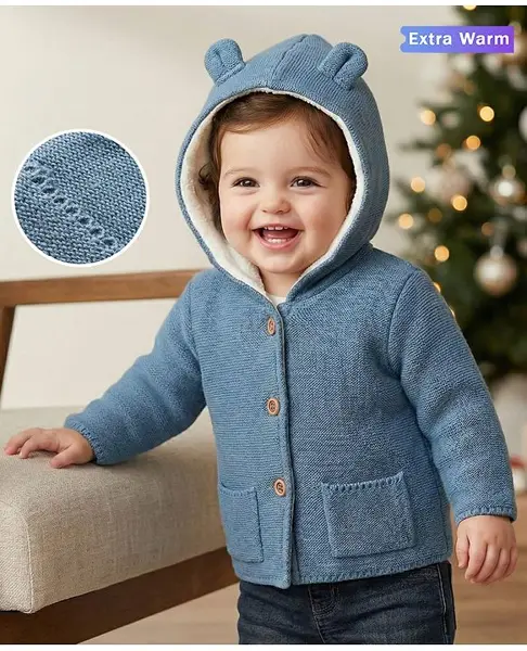Babyoye 100% Cotton Knitted Full Sleeves Solid Dyed Hooded Front Open Sweater - Blue