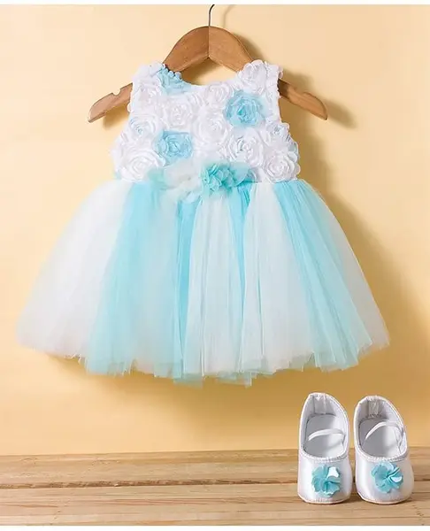 Blabber Sleeveless Floral Applique Detailed Layered Knee Length Dress With Booties - Blue
