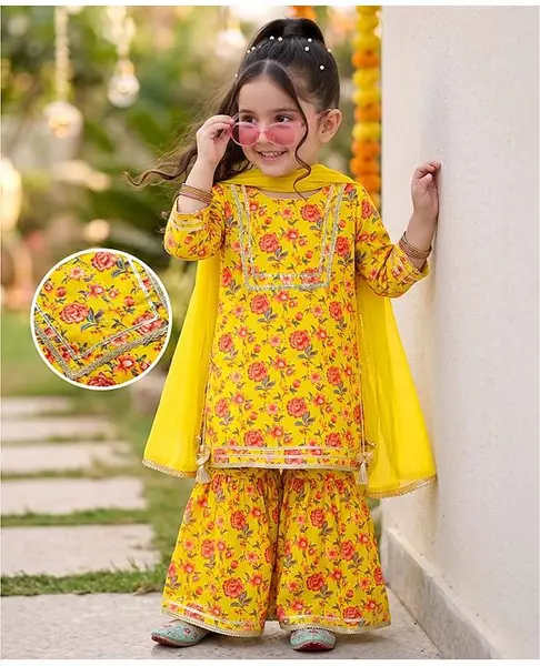 Babyhug 100% Cotton Cambric Woven Three Fourth Sleeves Floral Printed Kurta Gharara Set with Dupatta - Mustard