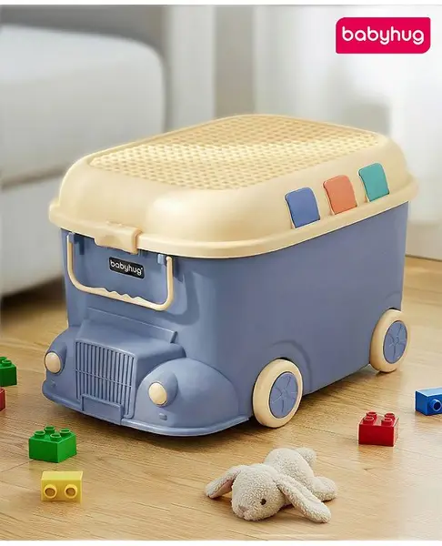Babyhug Multipurpose Storage Box with Wheels for Kids Truck Theme - Classic Blue