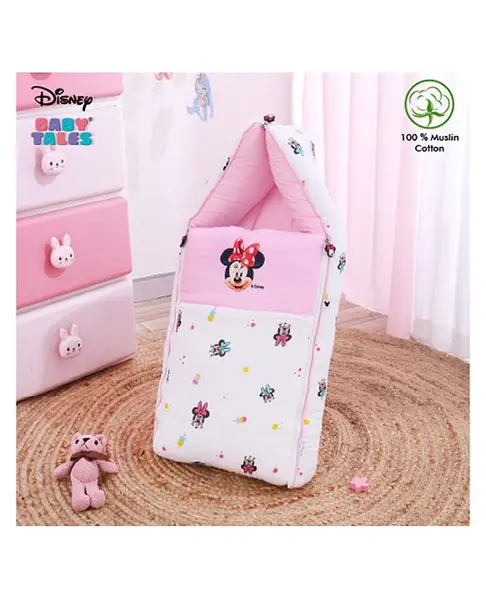 Disney by Baby Tales  3 in 1 Baby Bed Sleeping Bag & Carry Nest Muslin Cotton Baby Bedding for New Born & Infant Portable Bassinet for Baby Carrying & Baby Sleeping- White & Pink Minnie