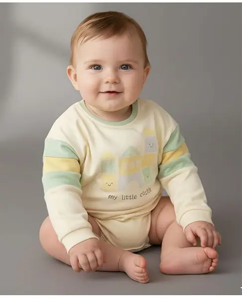 My Milestones 100% Cotton Knit Full Sleeves Castle  Printed Onesie  - Ecru