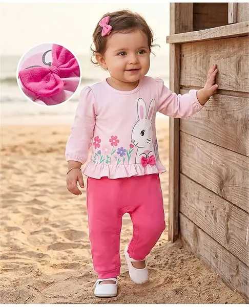 Babyhug 100% Cotton Knit Full Sleeves Romper With Bunny & Floral Print - Pink