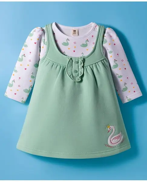 ToffyHouse Fleece Knit Frock & Full Sleeves Inner Tee With Swan Print & Embroidery - Green & White