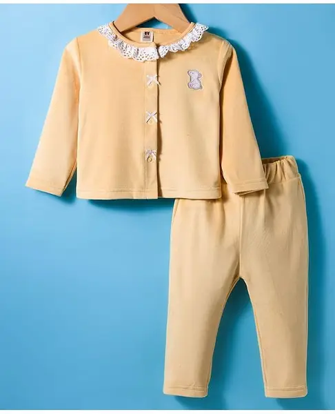 ToffyHouse Cotton Woven Full Sleeves Solid Color Top & Lounge Pant Set - Golden