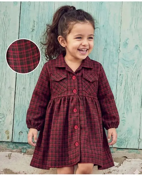 Babyhug Cotton Knit Full Sleeves Checkered Winter Frock - Wine