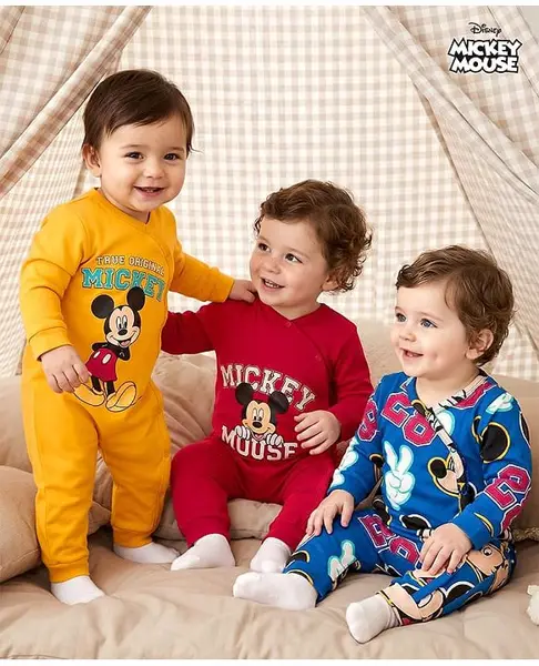 Babyhug Disney Interlock Knit Full Sleeves Front Open Rompers with Mickey Mouse Graphic Pack of 3 - Yellow Red & Blue