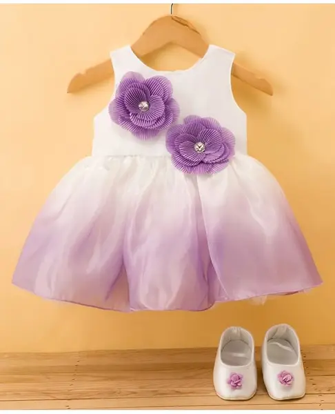 Bluebell Tissue Woven Sleeveless Party Frock With Floral Applique & Booties - Purple