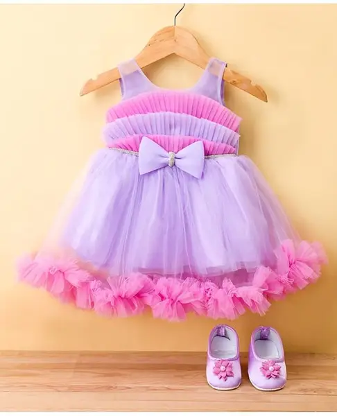 Bluebell Net Woven Sleeveless Party Frock With Bow Applique & Booties - Lavender
