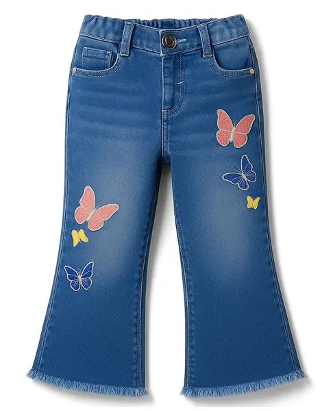 Babyhug Denim Full Length Flared Washed Jeans With Stretch & Butterfly Embroidery - Blue