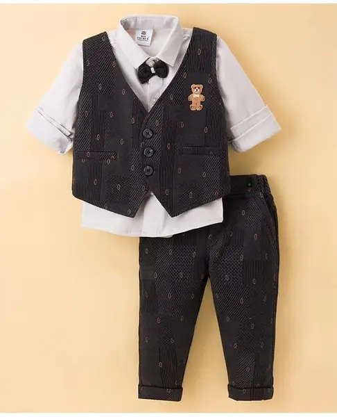 Mini Taurus Sinker Knit Full Sleeves Three Piece Party Suit With Bear Embroidery  - Dark Green