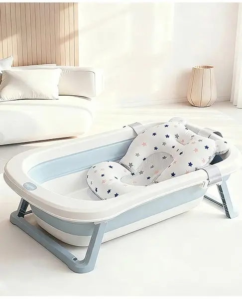 Bonfino Foldable Baby Bathtub with Printed Cushion - Blue
