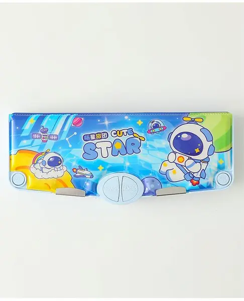 Astronaut Theme Magnetic Pencil Box with Multiple Compartments & Time Table Card with Wipe & Clean Note Section with Marker  Scissors & Sharpener - Blue