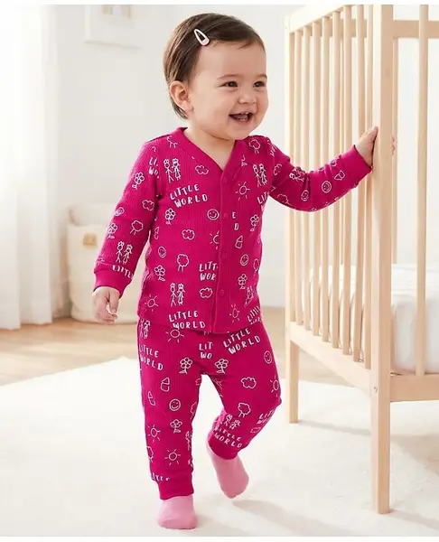 Doodle Poddle Cotton Knit Full Sleeves Co-ord Thermal Set With Floral & Smiley Print - Dark Pink