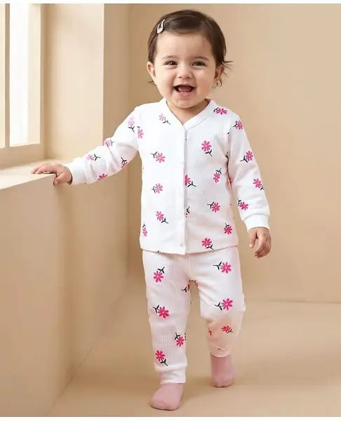 Doodle Poodle Cotton Knit Full Sleeves Co-ord Thermal Set With Floral Print - White
