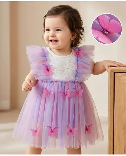 Mark & Mia Woven Frill Sleeves Frock Style Party Onesie With Butterfly Applique - Lavender