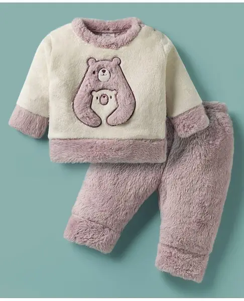 Moms pet Fur Knit Full Sleeves Bear Embroidered Heavy Winter Sweatshirt With Pant Set - Purple