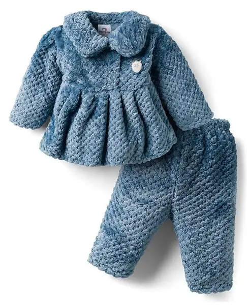 Moms pet Fur Knit Full Sleeves Textured Heavy Winter Dress With Leggings - Blue