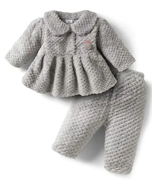Moms pet Fur Knit Full Sleeves Textured Heavy Winter Dress With Leggings - Grey