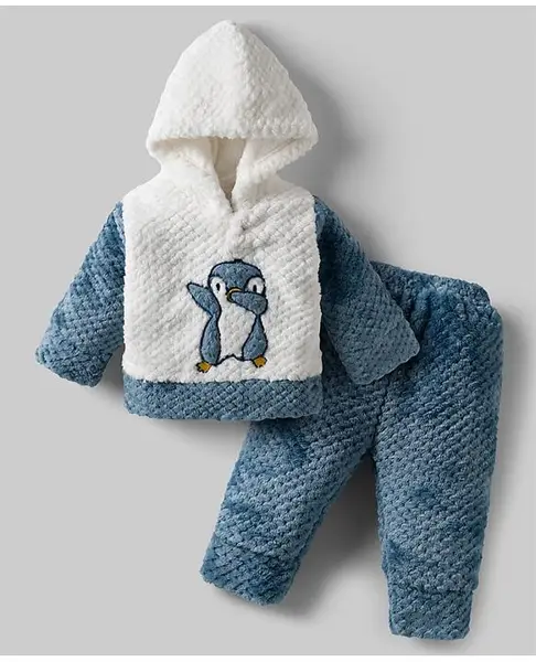 Moms pet Fur Knit Full Sleeves Penguin Embroidered Heavy Winter Hooded Sweatshirt With Pants - Blue