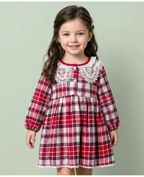 Mark & Mia Woven Full Sleeves Frock with Peter Pan Collar & Lace Detailing with Checks - Red
