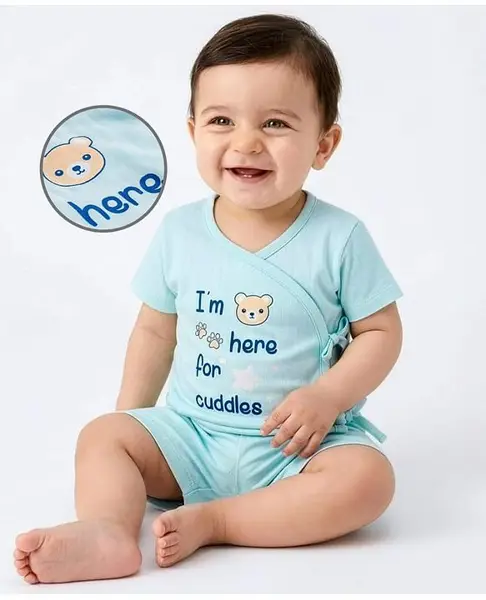 Babyoye 100% Cotton Woven Half Sleeves T-Shirt & Shorts Set with Im Here For Cuddles Text & Teddy Print - Light Blue