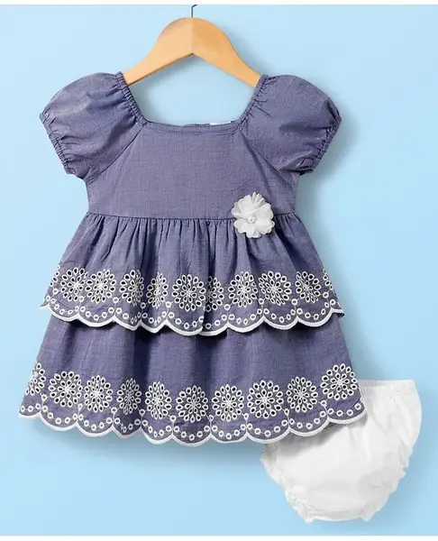 Babyhug Cotton Woven Half Puffed Sleeves Chiffili Frock with Bloomer - Blue