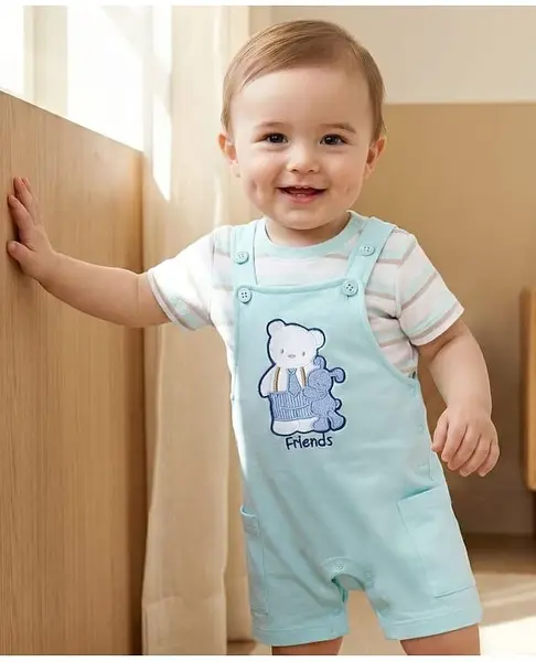 Babyoye 100% Cotton Knit Half Sleeves Striped T-Shirt & Dungaree with Bear Embroidery - Sea Green