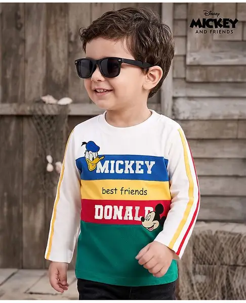 Babyhug Disney Single Jersey Knit Full Sleeves Cut & Sew T-Shirt with Mickey Mouse Graphic & Badge Detailing - Multicolor