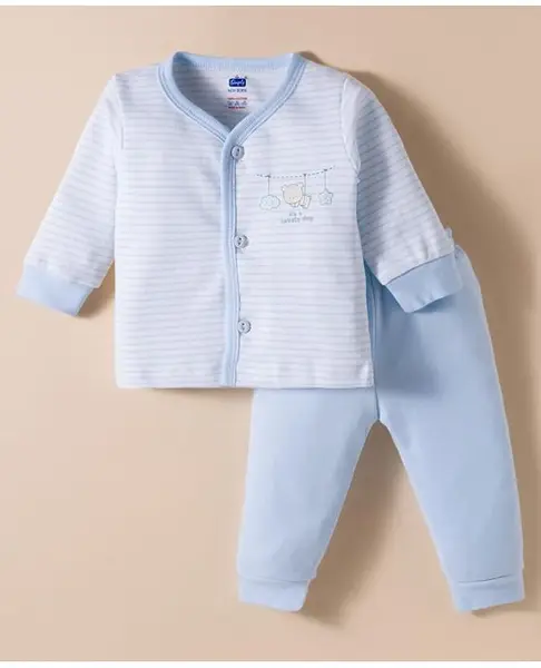 Simply SInker Knit Full Sleeves Night Suit With Animal Print - Light Blue