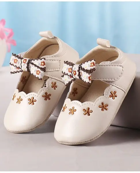 Cute Walk by Babyhug Velcro Closure Booties with Floral Embroidery & Bow Applique - White