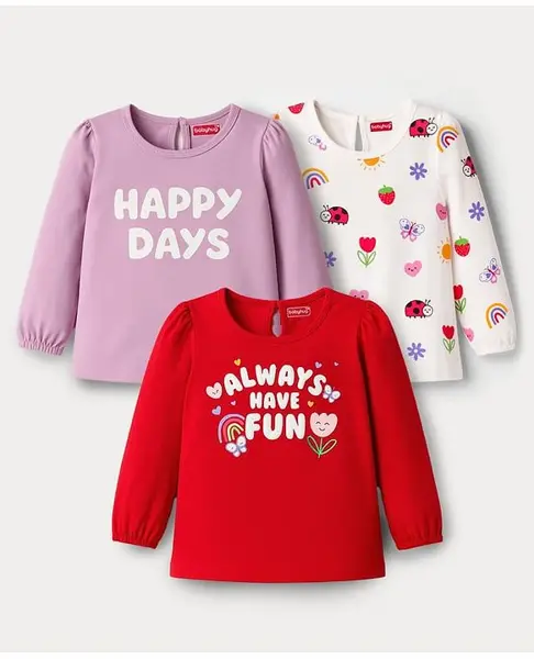 Babyhug 100 % Cotton Knit Full Sleeves T-Shirt with Tropical & Happy Days Text Print Pack of 3 - Red White & Lilac