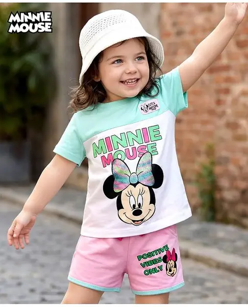Babyhug Disney Single Jersey Knit Half Sleeves Cut & Sew T-Shirt & Shorts Set with Minnie Moues Graphic & Badge Detailing - Multicolor