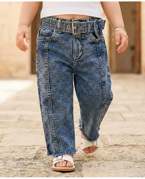 Babyoye 100% Cotton Lycra Woven Full Length Cut N Sew Washed Denim Jeans With Belt - Blue