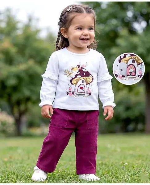 Babyoye 100% Cotton Woven Full Sleeves T-Shirt & Lounge Pant Set With Squirrel Print - Wine & White