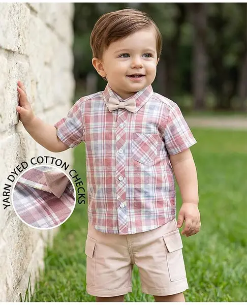 Babyoye 100% Cotton Woven Half Sleeves Checks Shirt & Shorts Set - Brown
