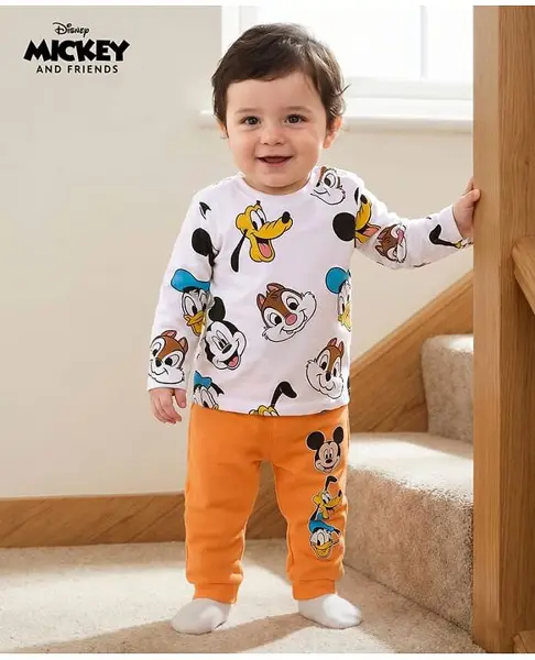 Babyoye Disney Single Jersey Knit Full Sleeves T-Shirt & Track Pant Set With Mickey & Friends Graphics - White & Orange